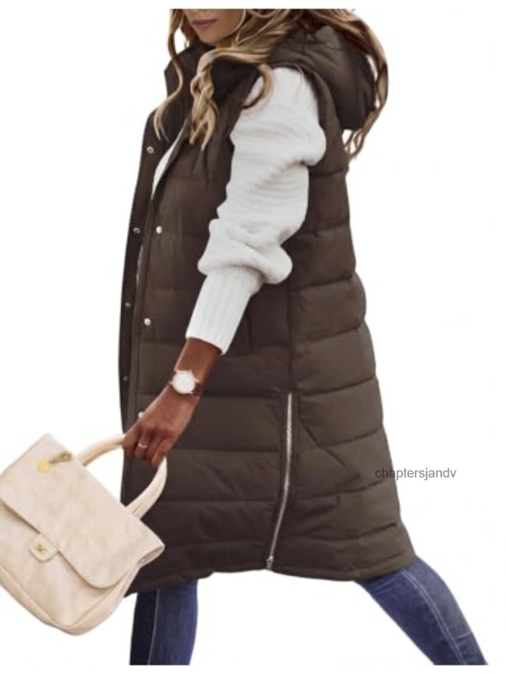 Women Long Puffer Vest Quilted Sleeveless Zip Winter Coat Hooded